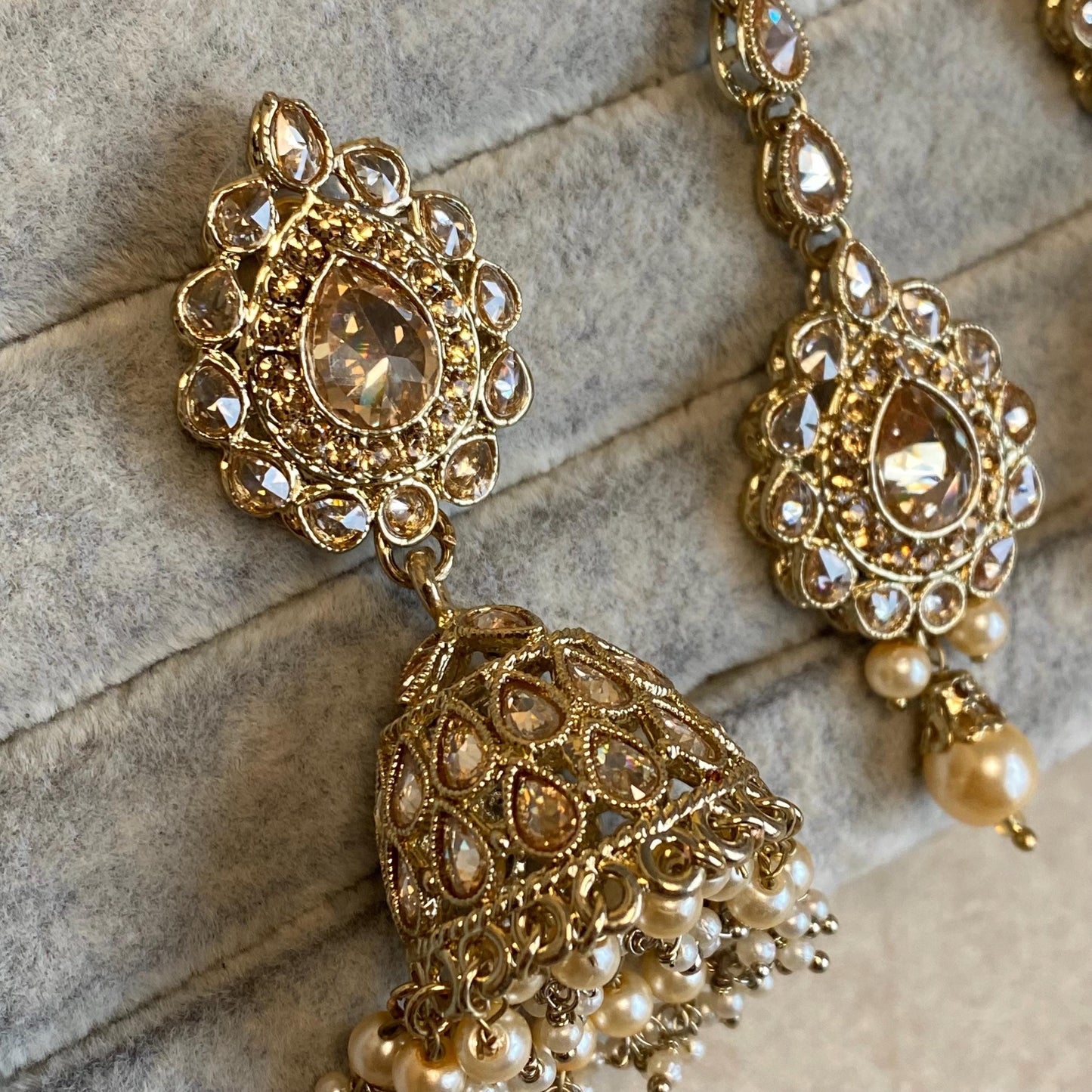 Antique Gold Golden Rhinestone and Zircon Crystal Necklace set Jhumka Earring Small Jhumka Inidan Pakistani Bollywood Wedding Eid Jewellery
