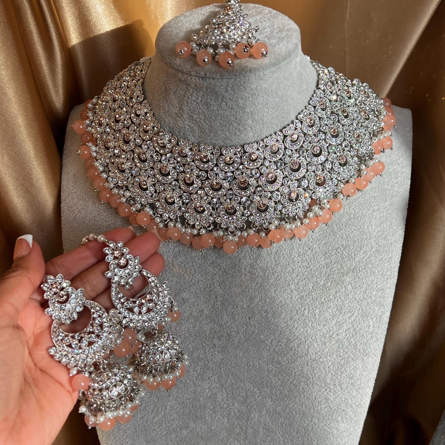 Peach Silver Bridal Set - Indian Pakistani Traditional Style With Jhumka earring,Tikka Wedding Fashion Jewellery Necklace set 3 Piece