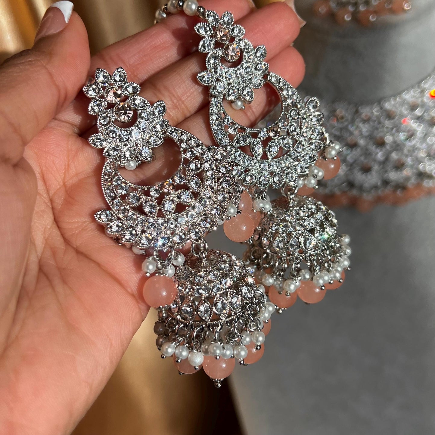 Peach Silver Bridal Set - Indian Pakistani Traditional Style With Jhumka earring,Tikka Wedding Fashion Jewellery Necklace set 3 Piece