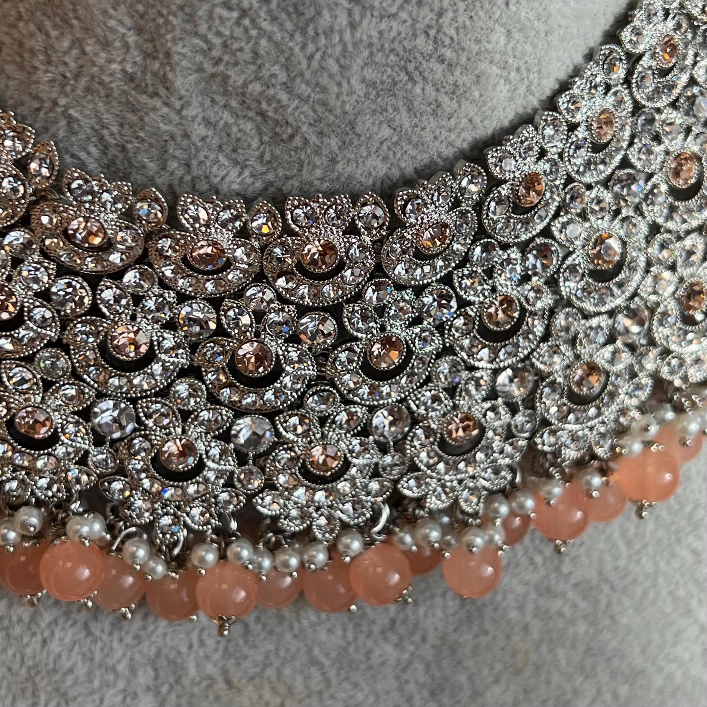 Peach Silver Bridal Set - Indian Pakistani Traditional Style With Jhumka earring,Tikka Wedding Fashion Jewellery Necklace set 3 Piece