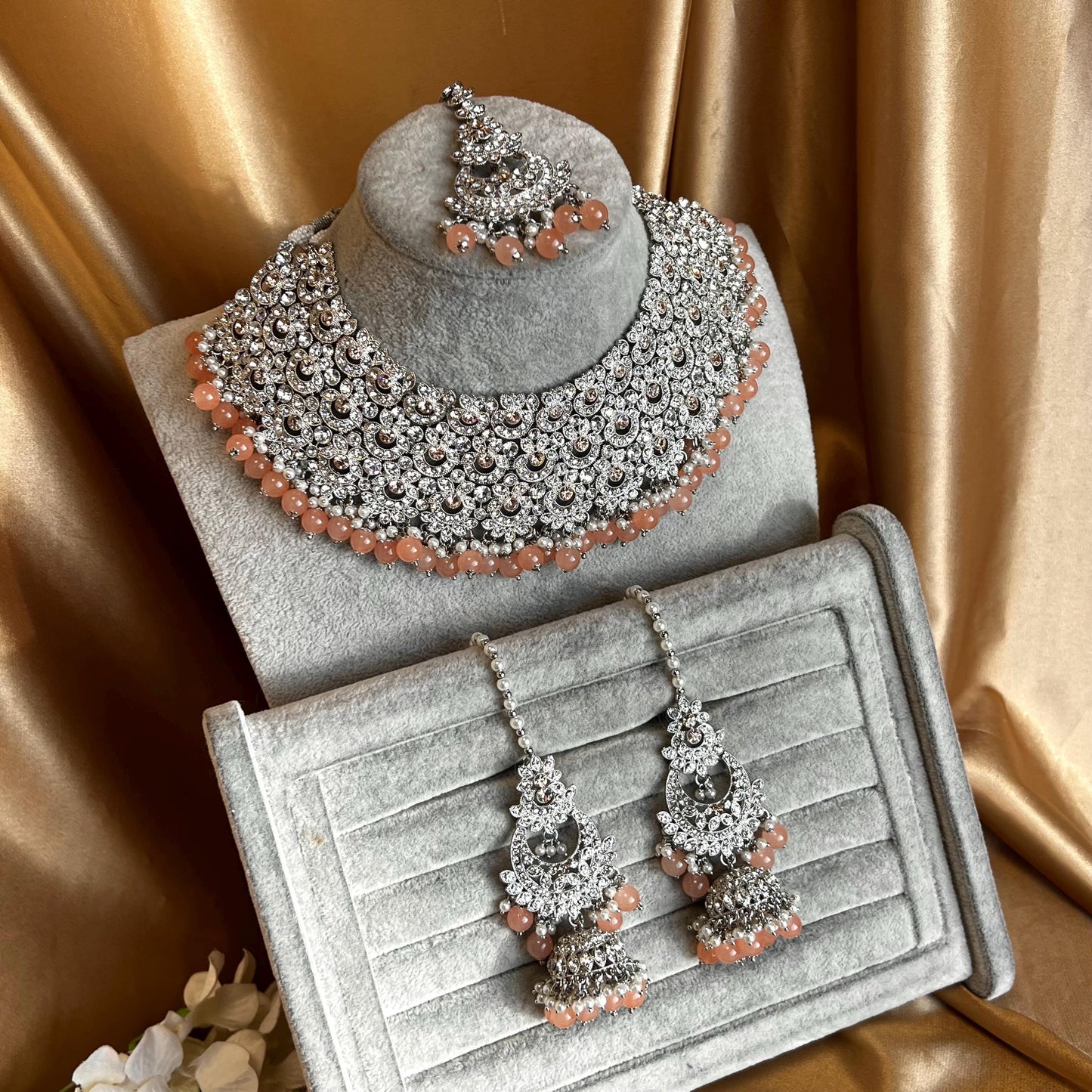 Peach Silver Bridal Set - Indian Pakistani Traditional Style With Jhumka earring,Tikka Wedding Fashion Jewellery Necklace set 3 Piece