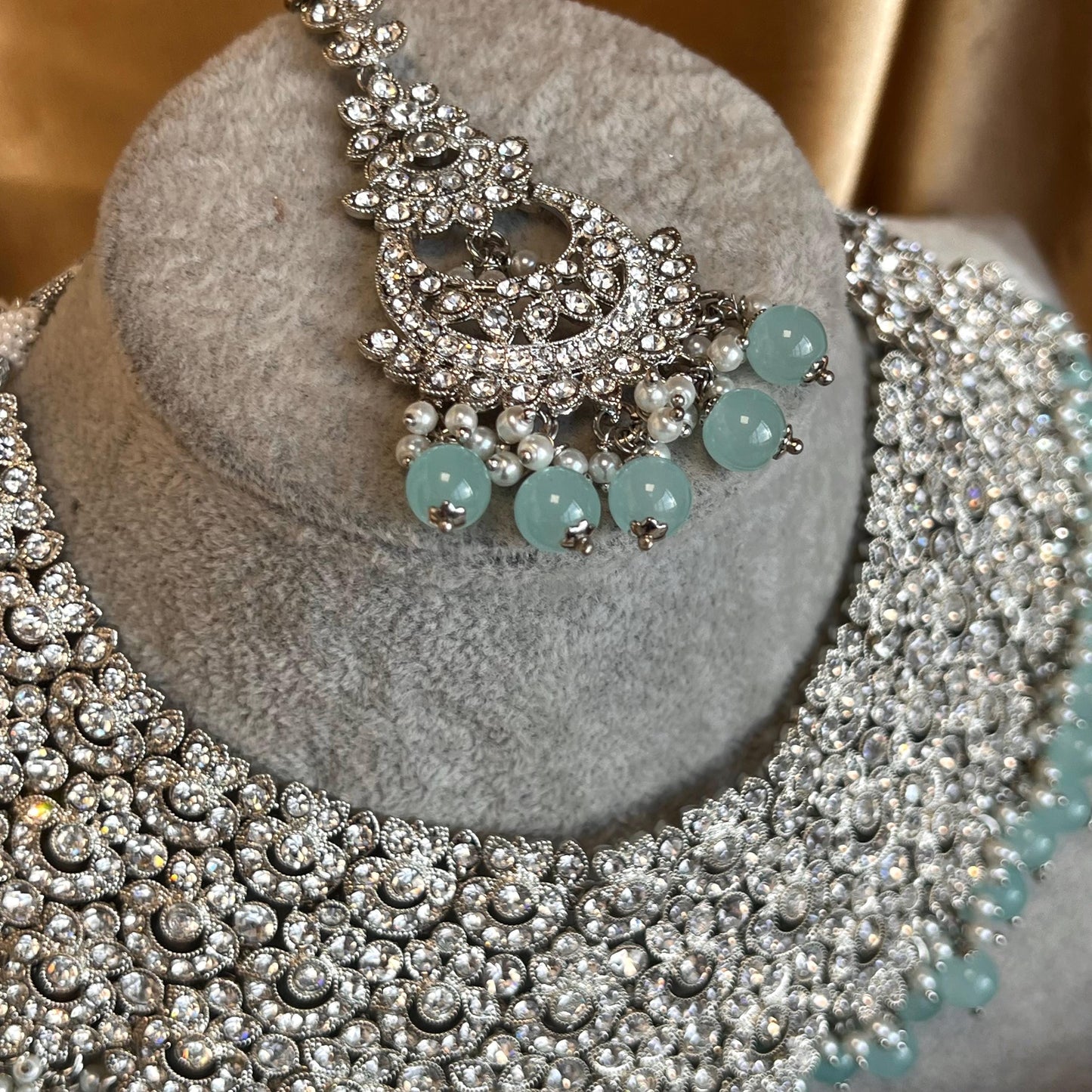 Blue Silver Bridal Set - Indian Pakistani Traditional Style With Jhumka earring,Tikka Wedding Fashion Jewellery Necklace set 3 Piece