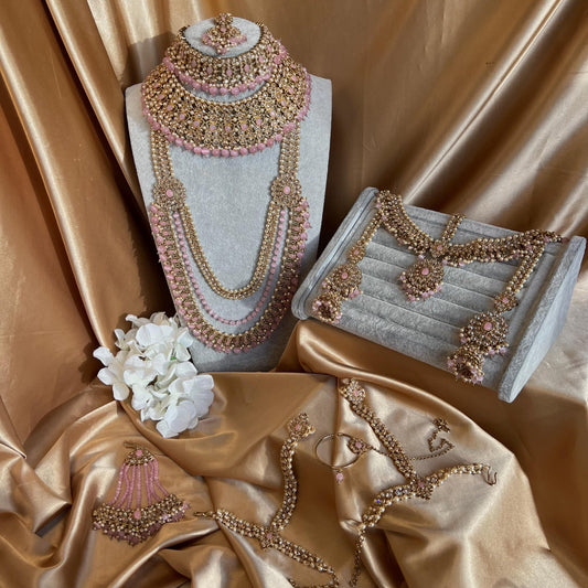 Pink Gold Full 10 Piece Bridal Necklace Choker Mala Earring Tikka Jhumar Mathapatti Set Traditional Indian Pakistani Style Wedding Jewellery