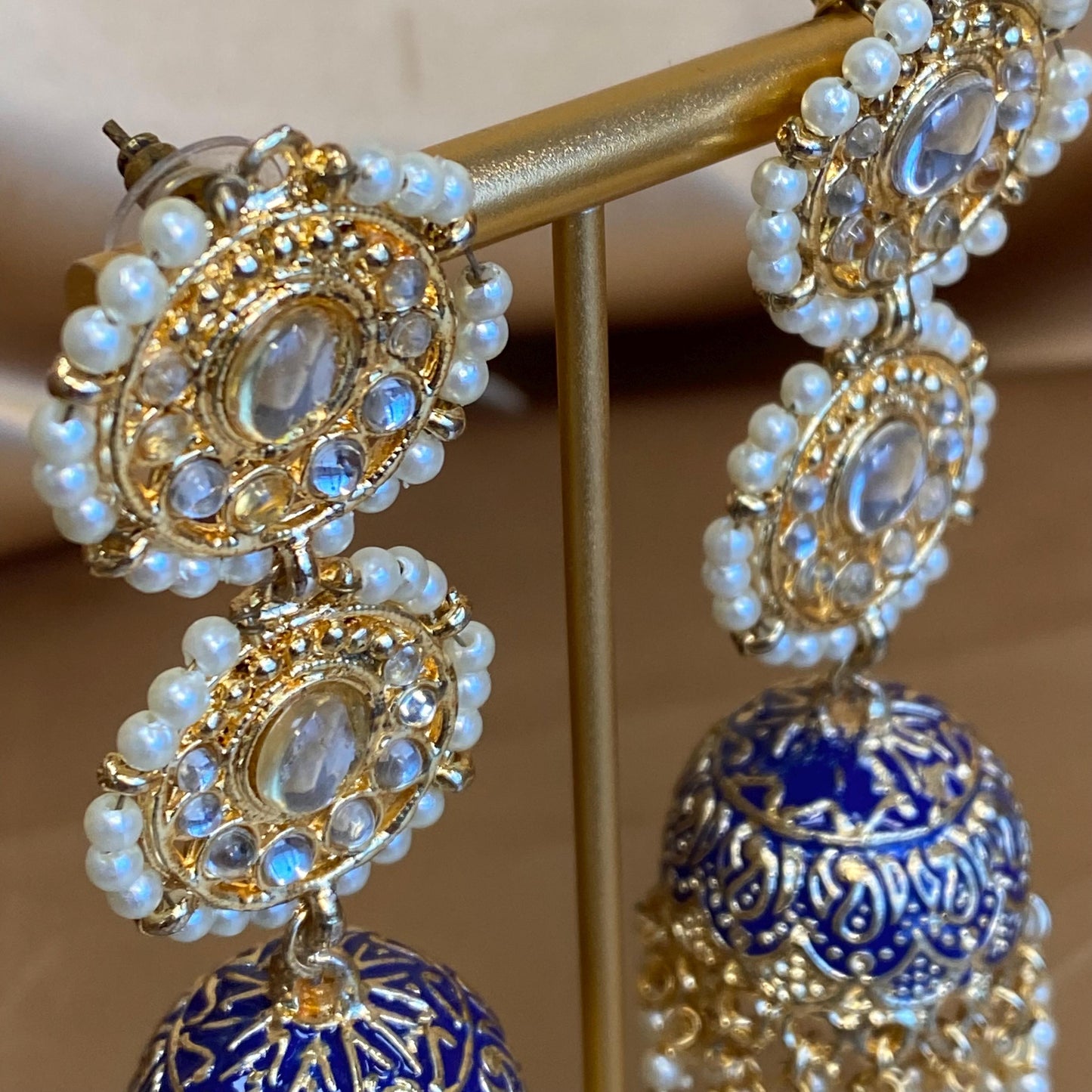 Navy Blue Long Jumka Faux Kundan Clear Earring Indian Pakistani Style Fashion Jewellery Sale