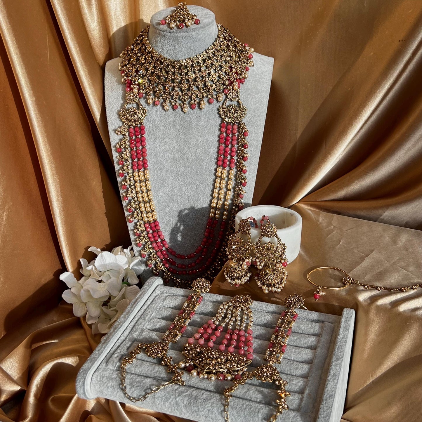 Pink Coral Golden Full 8 Piece Bridal Necklace Set Traditional Indian Pakistani Style Wedding Fashion Jewellery Heavy Necklace set Sale