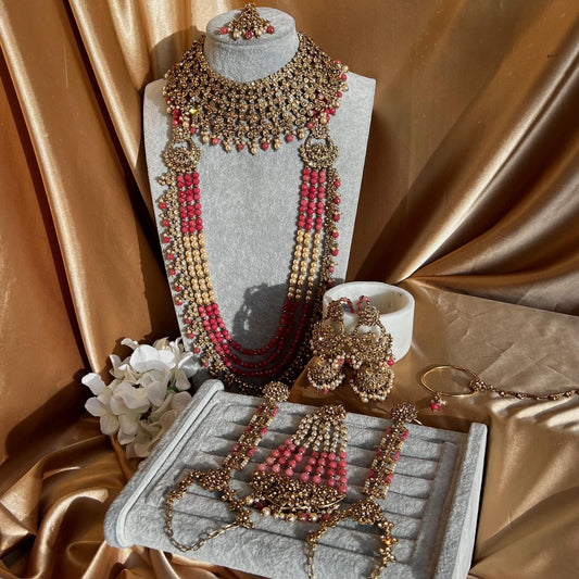 Pink Coral Golden Full 8 Piece Bridal Necklace Set Traditional Indian Pakistani Style Wedding Fashion Jewellery Heavy Necklace set Sale