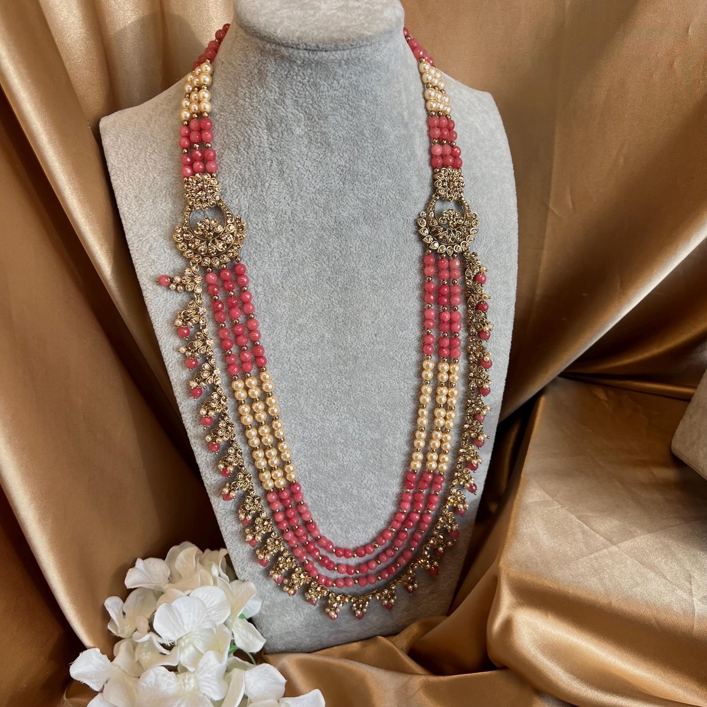 Pink Coral Golden Full 8 Piece Bridal Necklace Set Traditional Indian Pakistani Style Wedding Fashion Jewellery Heavy Necklace set Sale