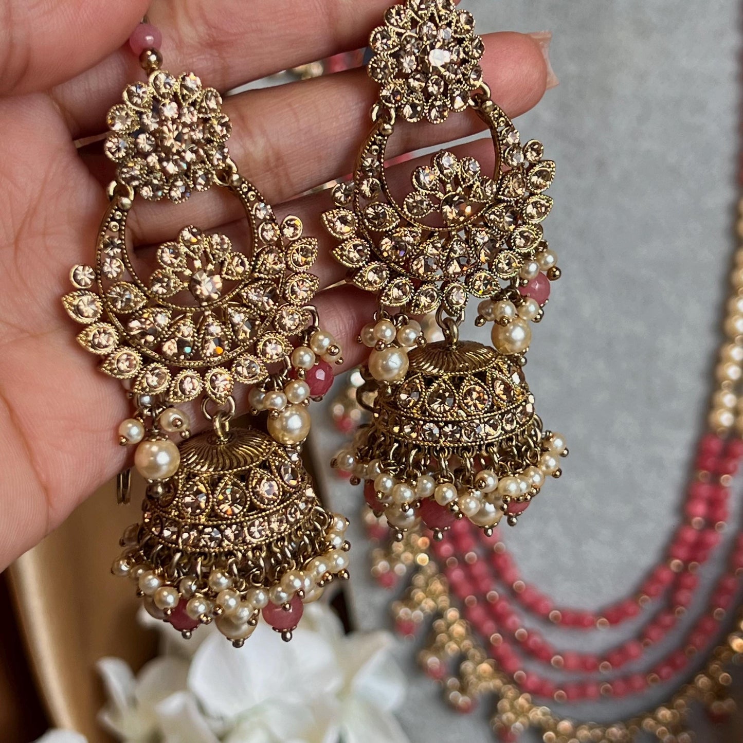 Pink Coral Golden Full 8 Piece Bridal Necklace Set Traditional Indian Pakistani Style Wedding Fashion Jewellery Heavy Necklace set Sale