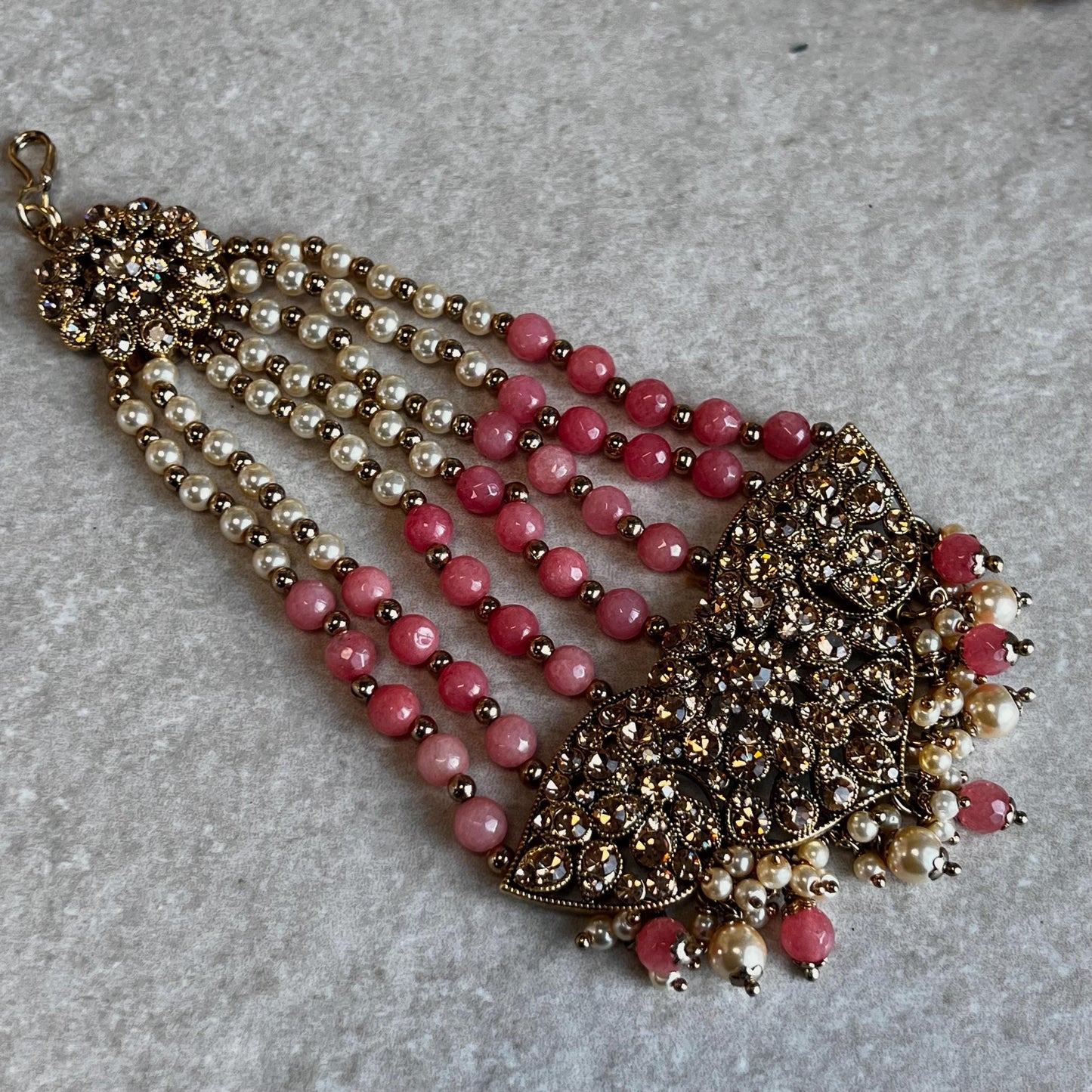 Pink Coral Golden Full 8 Piece Bridal Necklace Set Traditional Indian Pakistani Style Wedding Fashion Jewellery Heavy Necklace set Sale