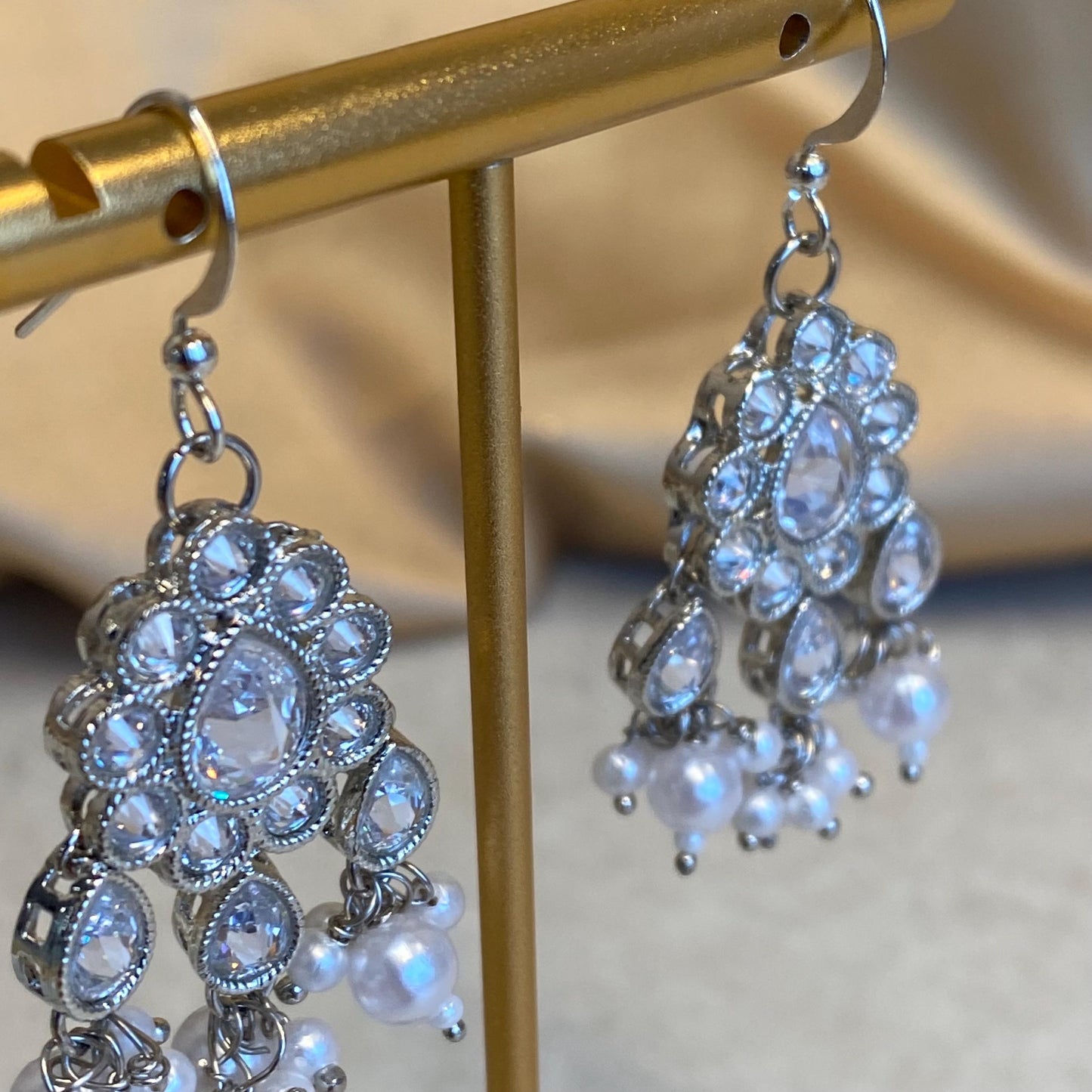 Silver White Pearl Lightweight Earring with Clear Zircon Crystal High Quality Gift Indian Pakistani Handmade