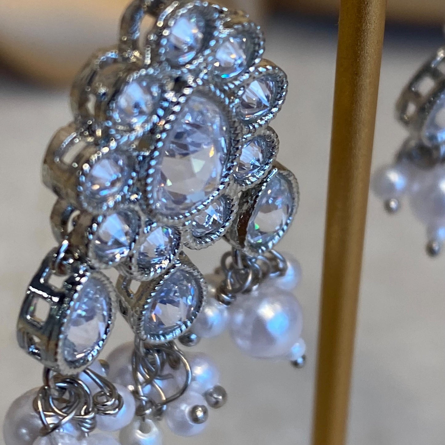 Silver White Pearl Lightweight Earring with Clear Zircon Crystal High Quality Gift Indian Pakistani Handmade