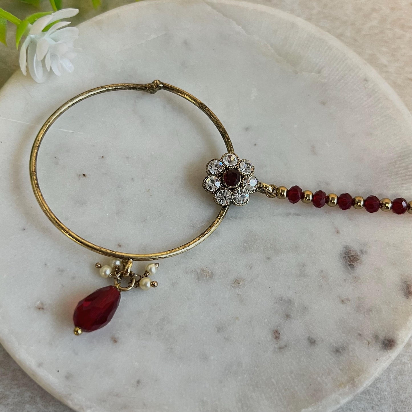 Medium Maroon & Clear Antique Gold Slide Type Nose Ring-  Left Side - Slightly Imperfect/ Nose rings for Women/Indian/Pakistani style