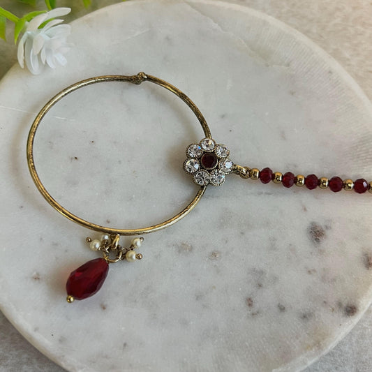 Medium Maroon & Clear Antique Gold Slide Type Nose Ring-  Left Side - Slightly Imperfect/ Nose rings for Women/Indian/Pakistani style