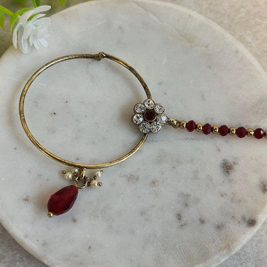 Medium Maroon & Clear Antique Gold Slide Type Nose Ring-  Left Side - Slightly Imperfect/ Nose rings for Women/Indian/Pakistani style