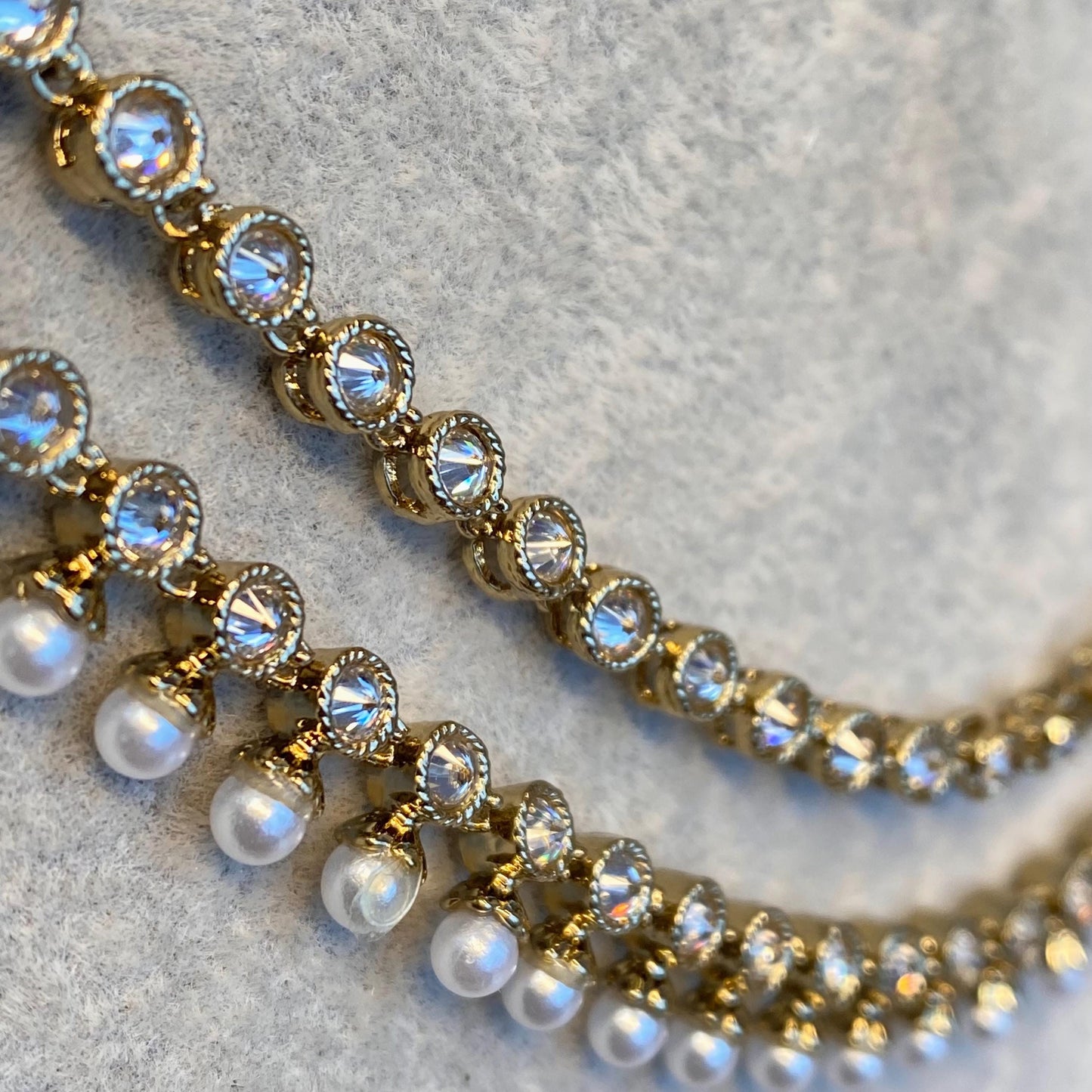 Pearl Thin Necklace Indian/ Pakistani/Fashion Jewellery/ Gift for Women/ Antique Gold with Clear Zircon Crystal