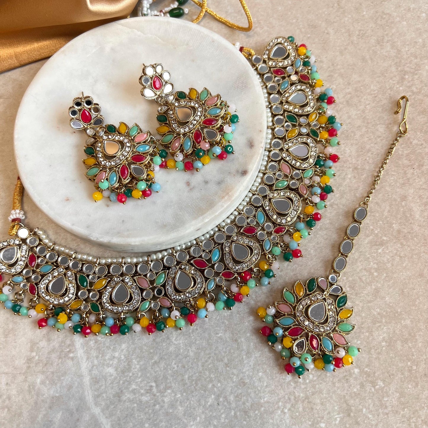 Mirror Multicolour Necklace Set Earring/ Tikka/ Tikli/ Indian/ Pakistani/Fashion Jewellery/ Gift for Women