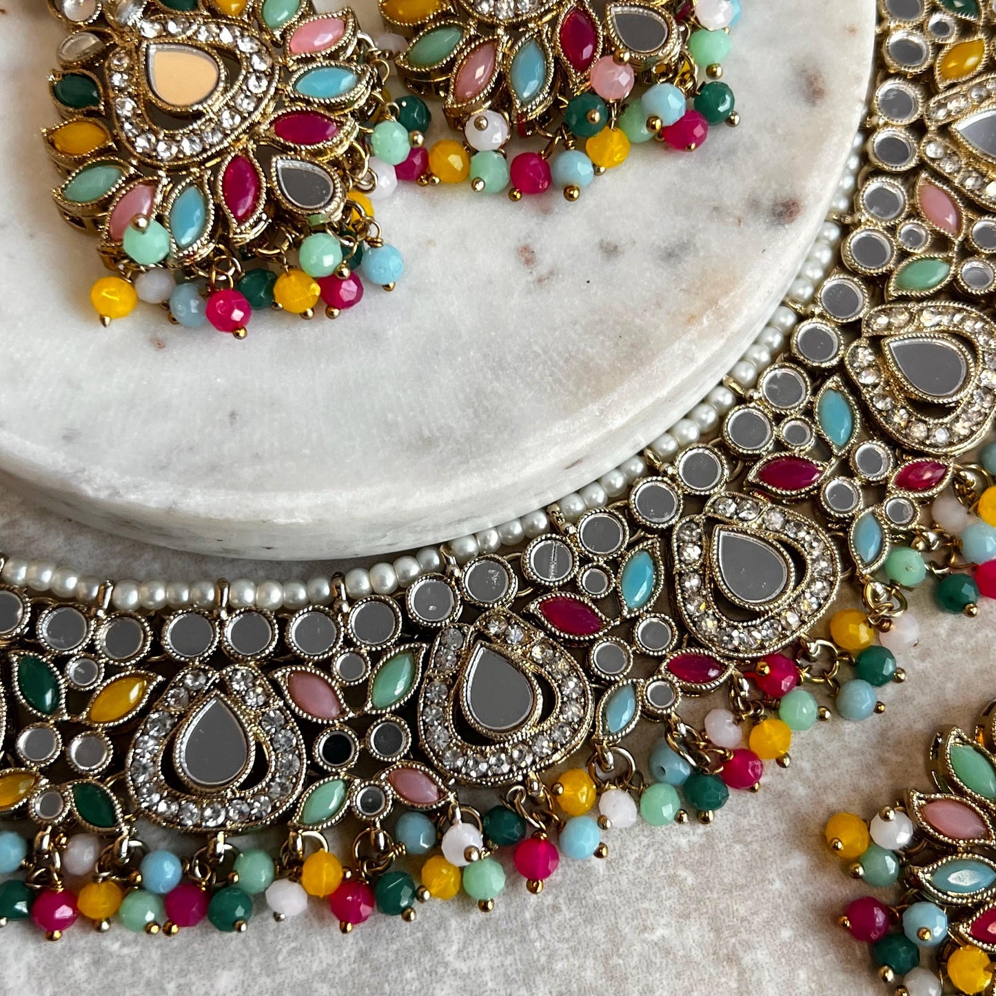 Mirror Multicolour Necklace Set Earring/ Tikka/ Tikli/ Indian/ Pakistani/Fashion Jewellery/ Gift for Women