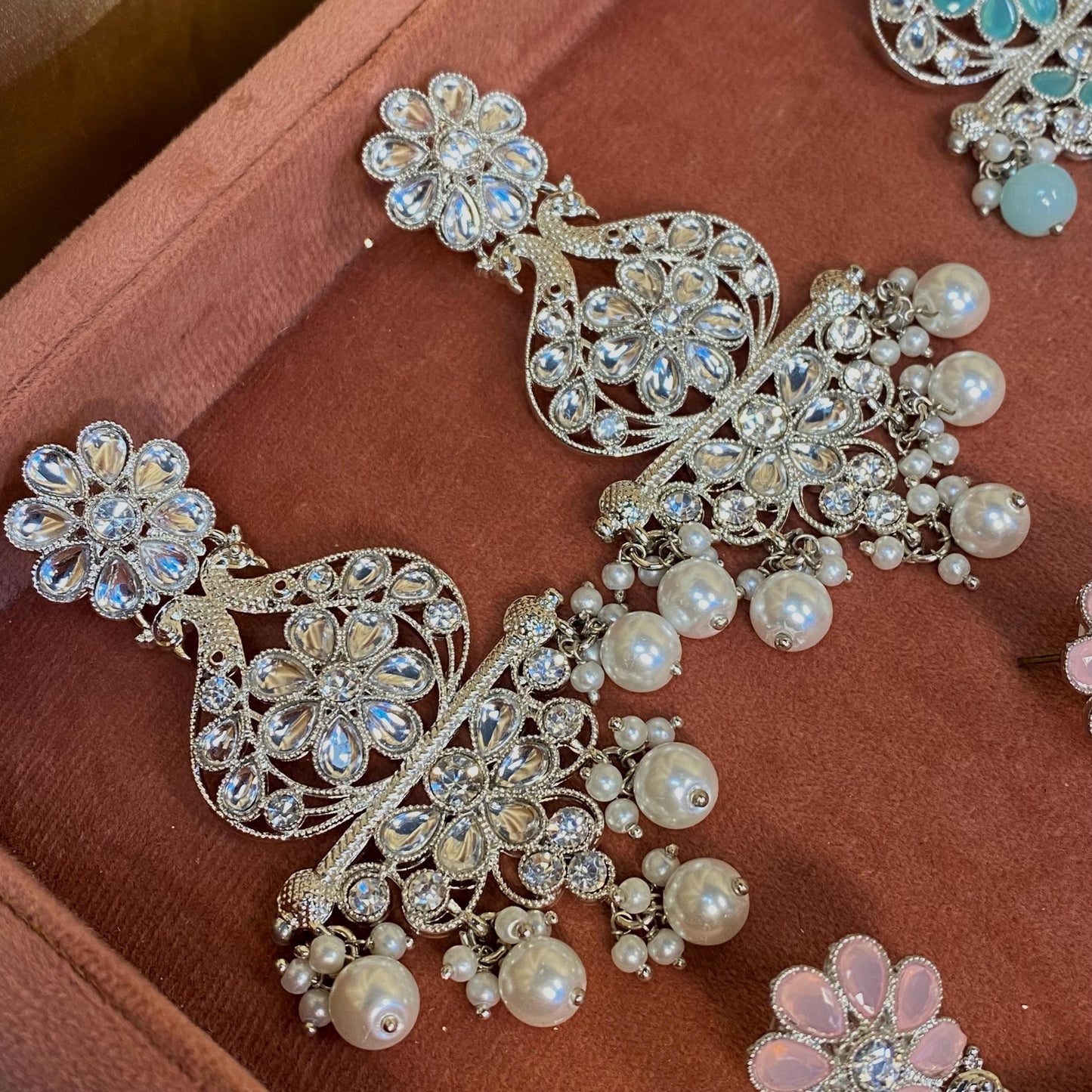 Large Silver Flat Earring 3 inch Rhinestone Indian Pakistani Bollywood Fashion Jewellery Gift High Quality Eid Wedding Party Set