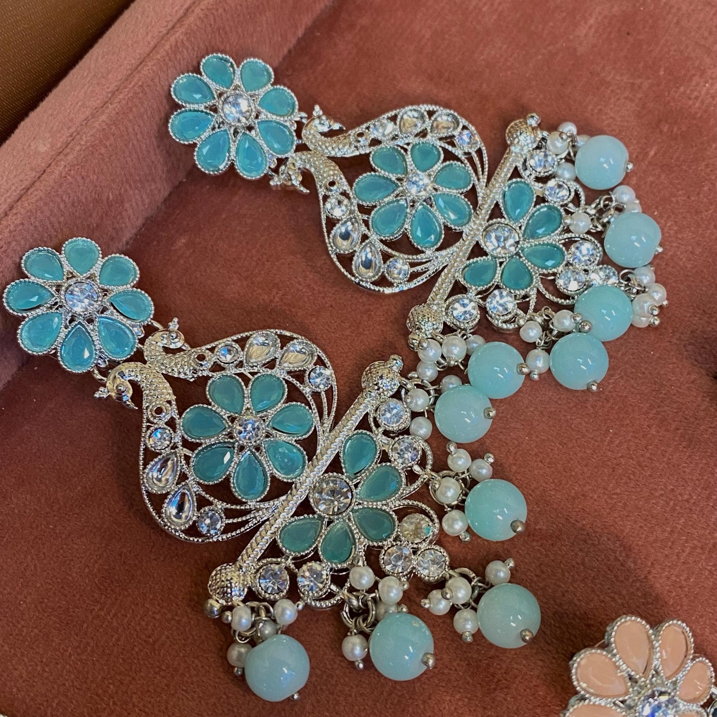 Large Silver Flat Earring 3 inch Rhinestone Indian Pakistani Bollywood Fashion Jewellery Gift High Quality Eid Wedding Party Set