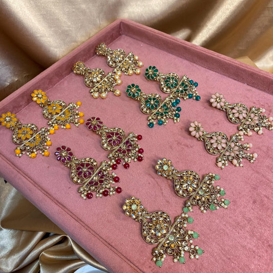 Large Golden Flat Earring 3 inch Rhinestone Indian Pakistani Bollywood Fashion Jewellery Gift High Quality Eid Wedding Party Set