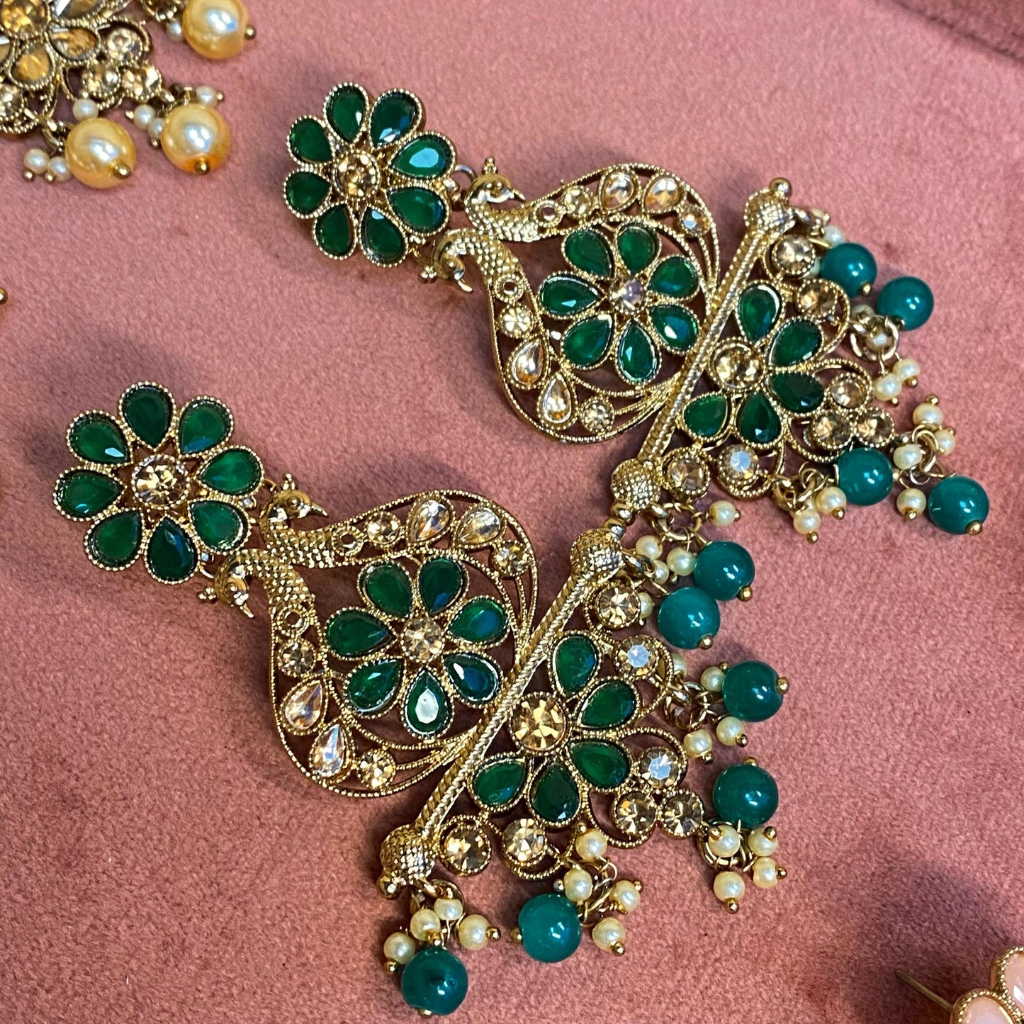 Large Golden Flat Earring 3 inch Rhinestone Indian Pakistani Bollywood Fashion Jewellery Gift High Quality Eid Wedding Party Set