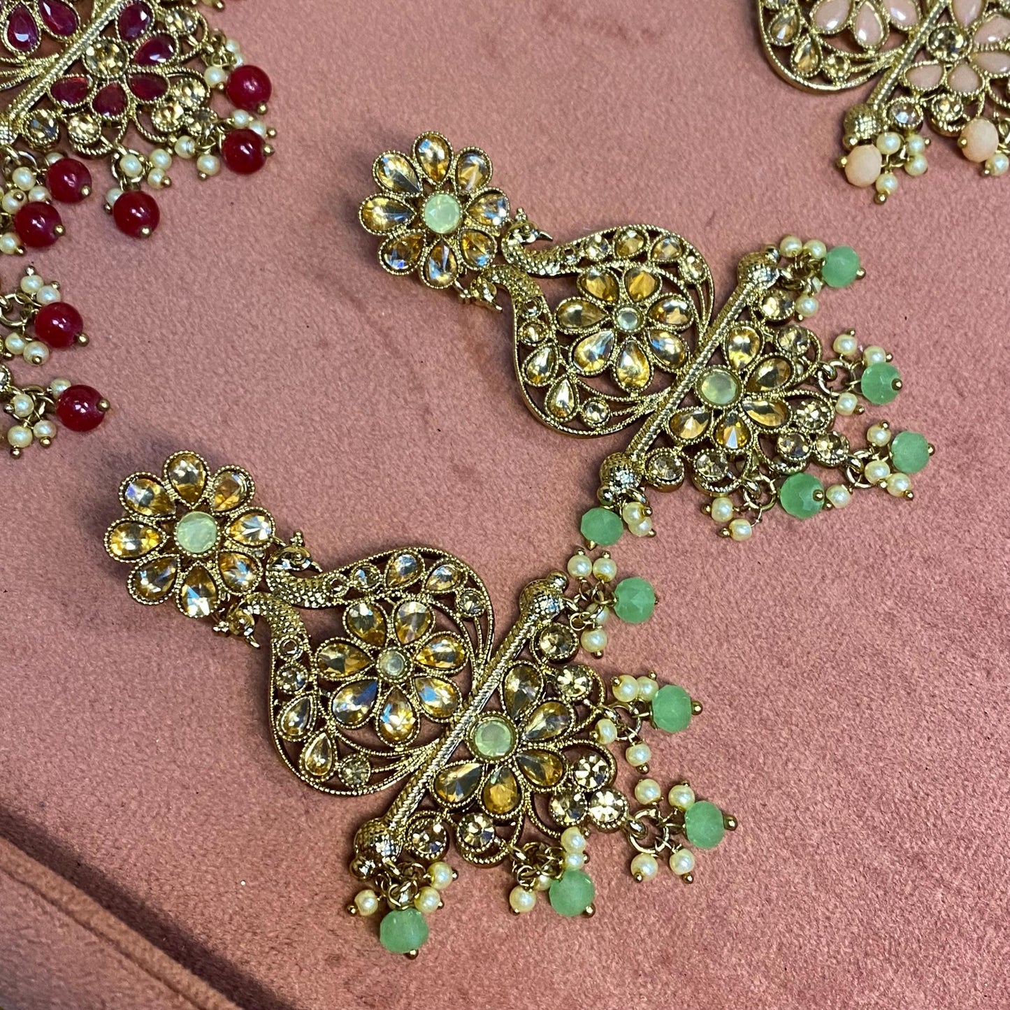 Large Golden Flat Earring 3 inch Rhinestone Indian Pakistani Bollywood Fashion Jewellery Gift High Quality Eid Wedding Party Set
