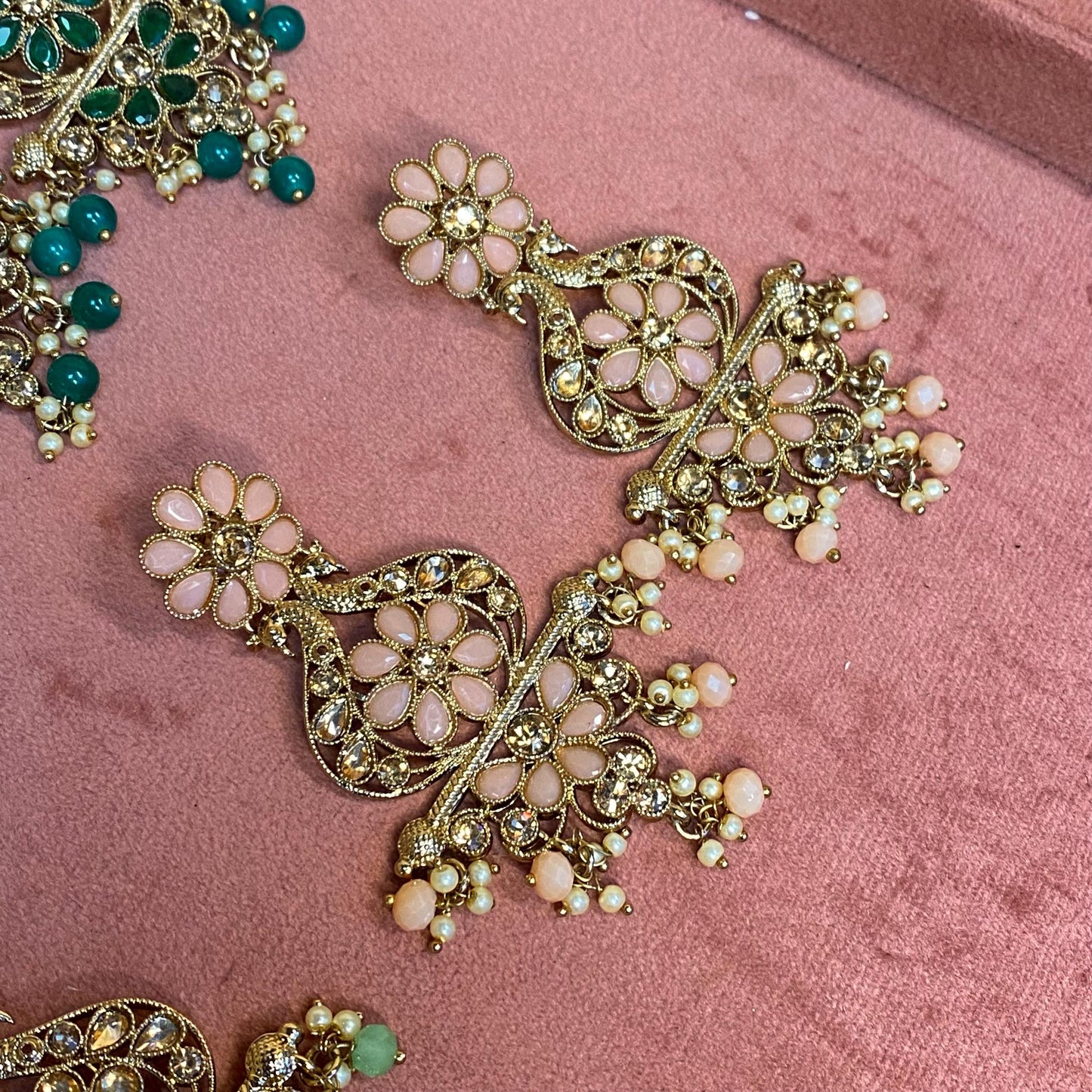 Large Golden Flat Earring 3 inch Rhinestone Indian Pakistani Bollywood Fashion Jewellery Gift High Quality Eid Wedding Party Set