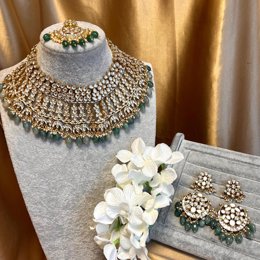 Real Kundan Bright Gold Green Clear Necklace set Earring High Quality Bollywood Indian Pakistani Fashion Jewellery Gift for Women