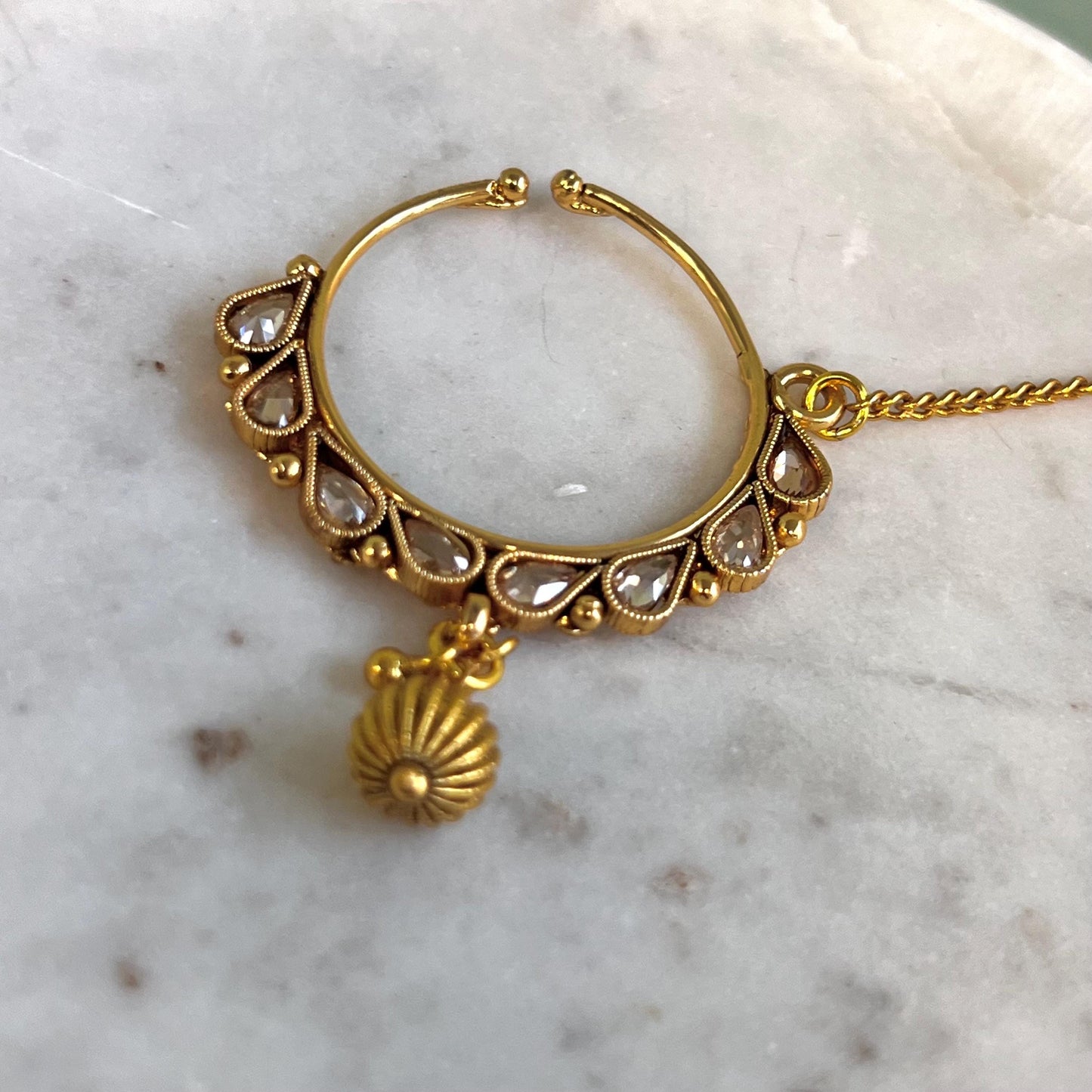 Bright Gold Non-Piercing Nose Ring - with chain/ Fashion Jewellery/ Gift/ Indian/Nath /Indian Nose Jewellery/Slide Type Nose Ring