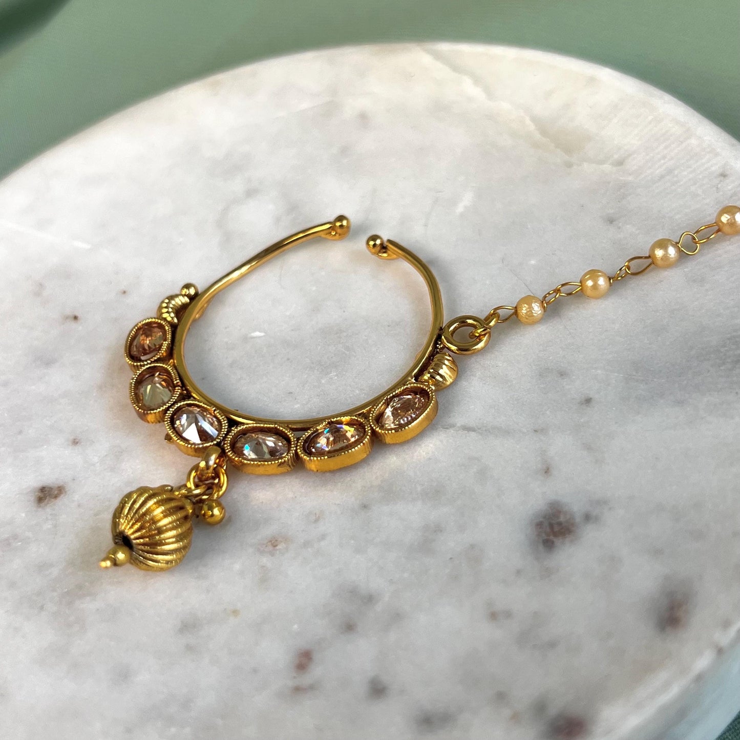 Bright Gold Non-Piercing Nose Ring Pearly Chain Included/ Fashion Jewellery/ Gift/ Indian/Nath /Indian Nose Jewellery/Slide Type Nose Ring