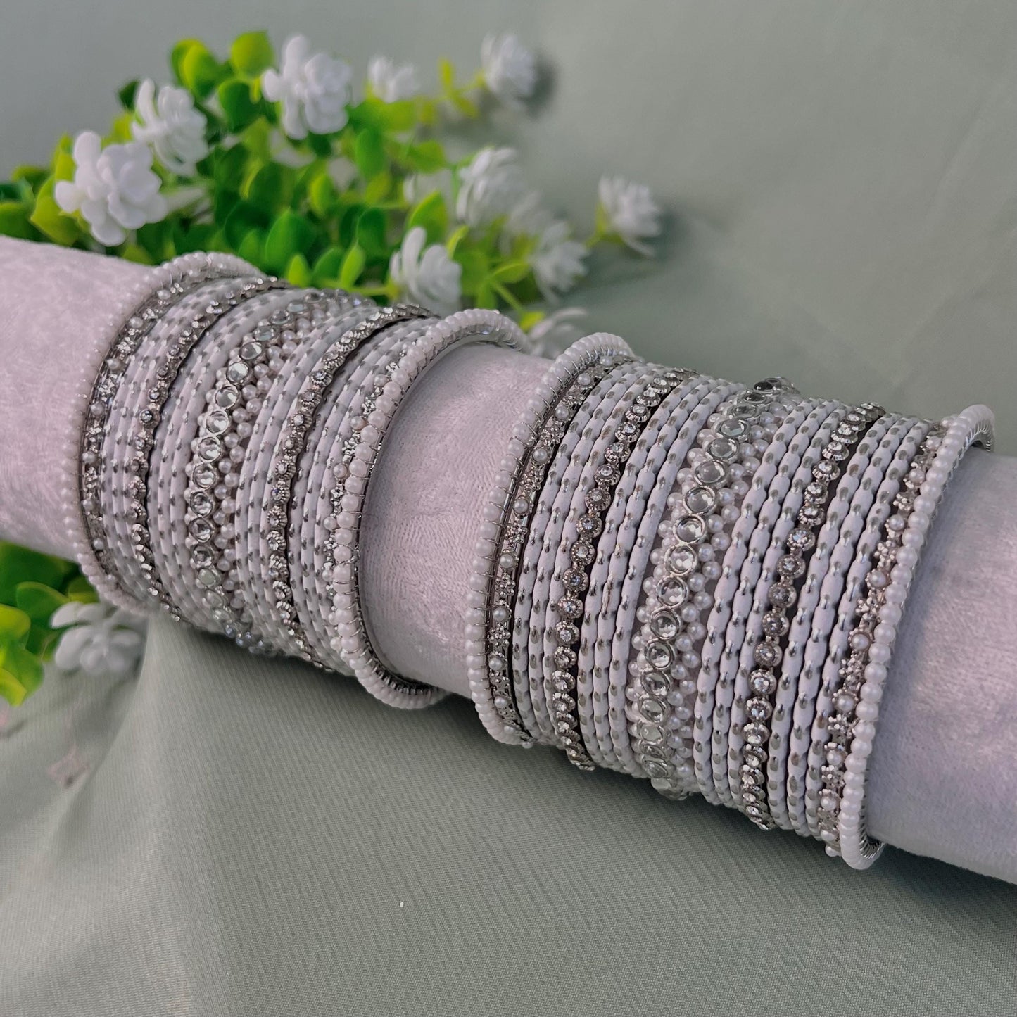 Midi White & Silver Pearly Bangle Set - Both Arms/ Silver Bangle Set/ Pearly Faux Kundan Bangles/ White Bangle Set/Indian Bangles