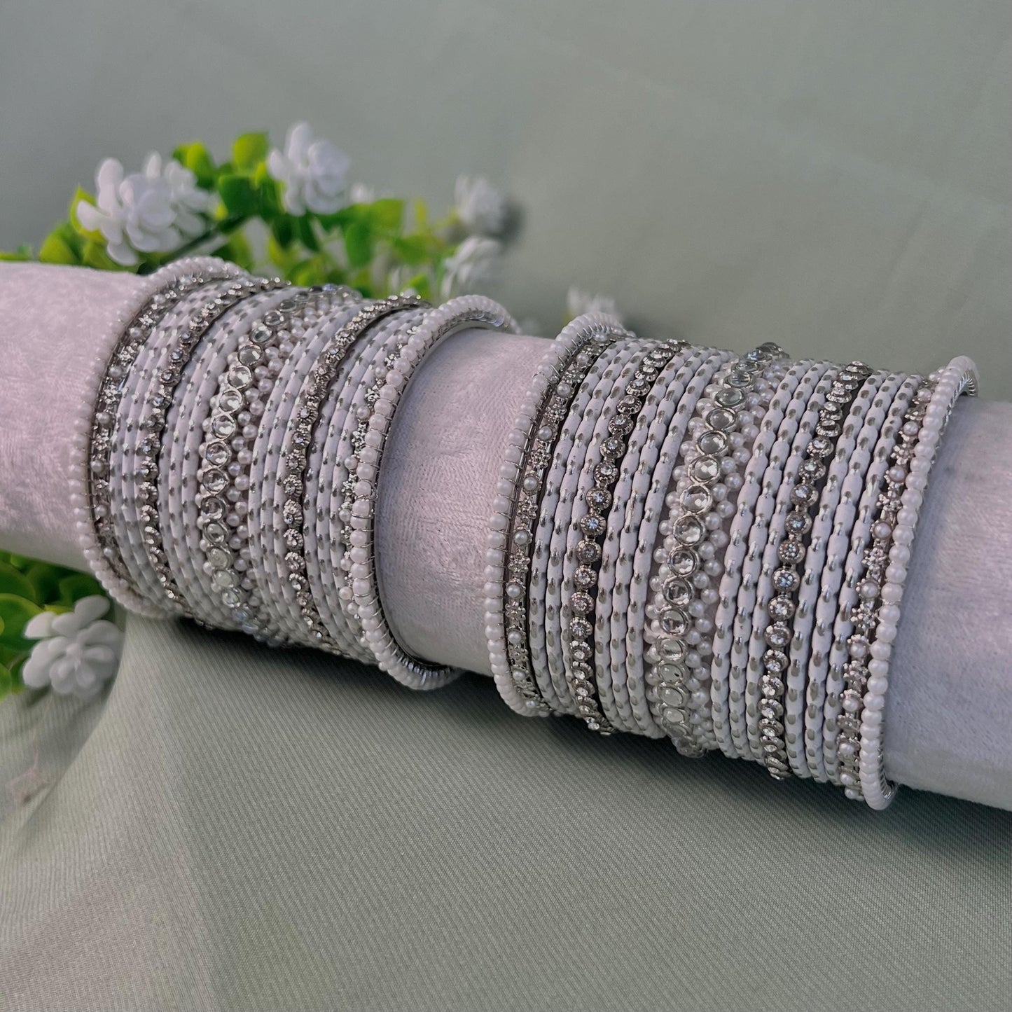 Midi White & Silver Pearly Bangle Set - Both Arms/ Silver Bangle Set/ Pearly Faux Kundan Bangles/ White Bangle Set/Indian Bangles