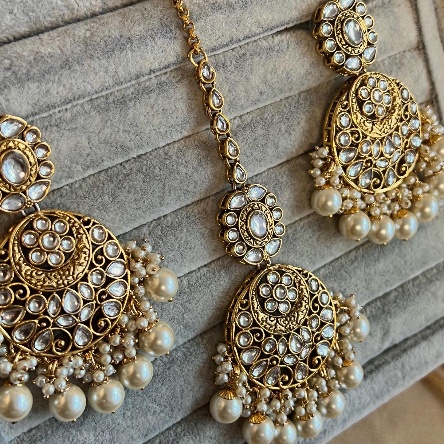 Large Beautiful Faux Kundan Heavy Bridal Choker Earring Tikka Indian Pakistani Bollywood Fashion Jewellery High Quality Clear Stone Pearl