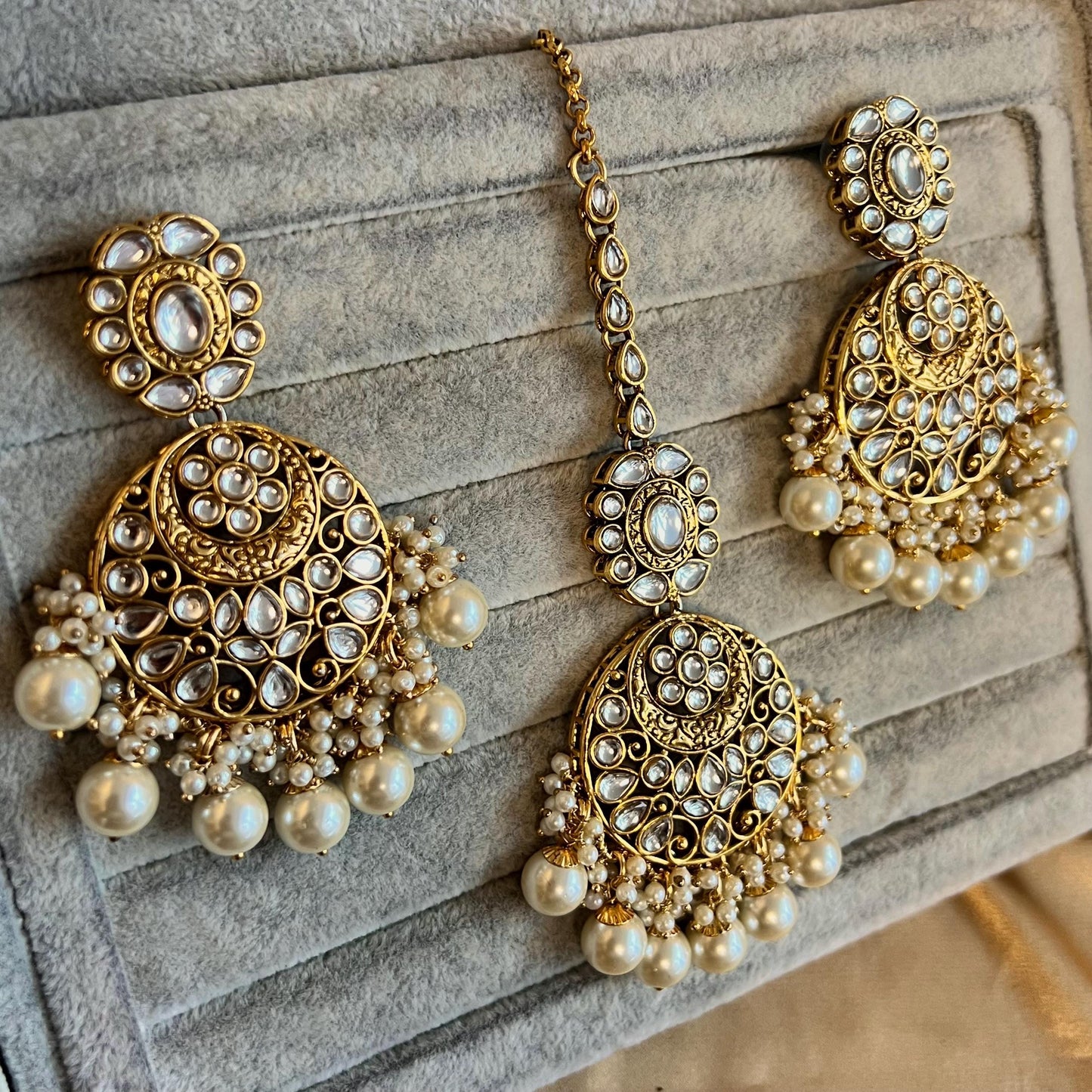 Large Beautiful Faux Kundan Heavy Bridal Choker Earring Tikka Indian Pakistani Bollywood Fashion Jewellery High Quality Clear Stone Pearl