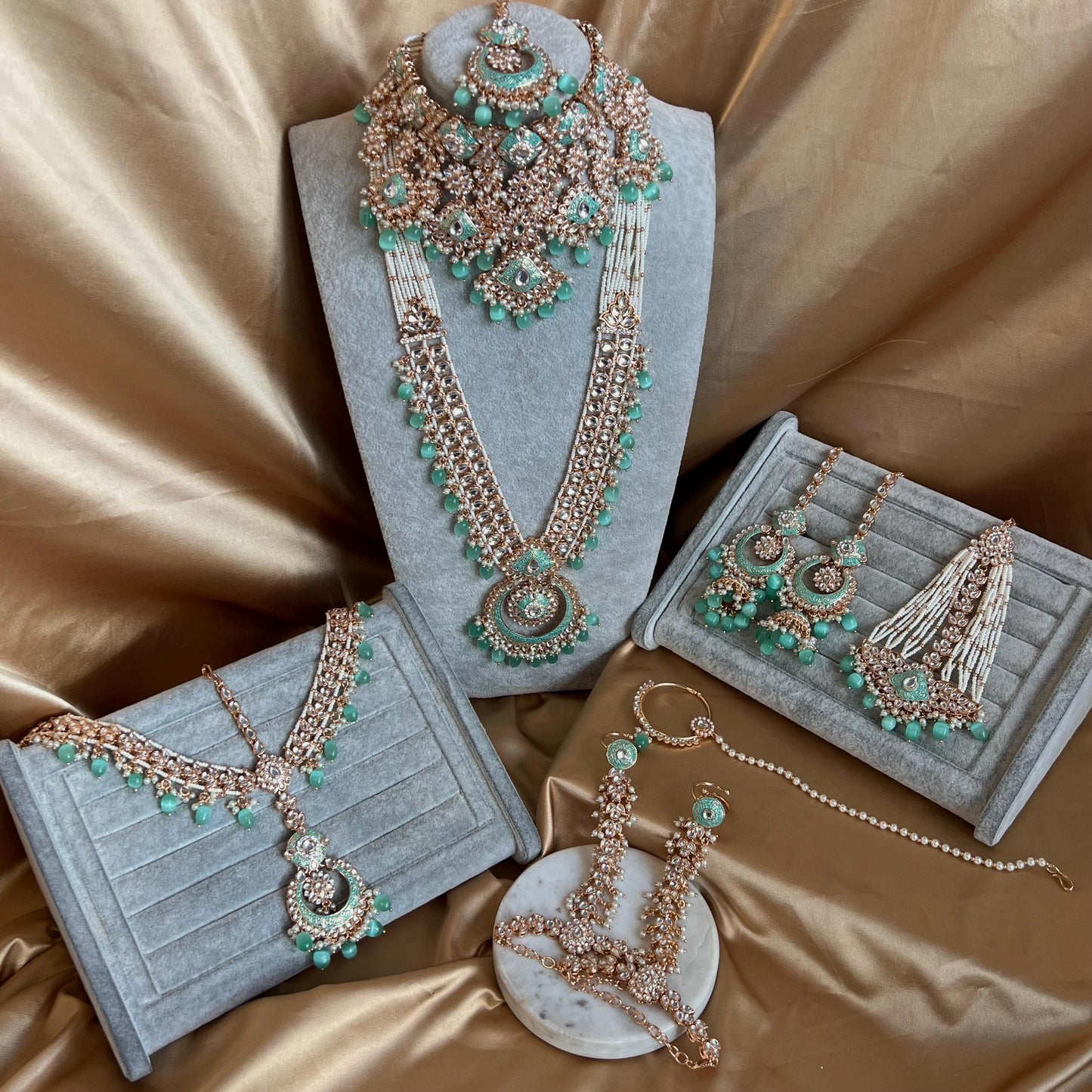 Mint Jade Faux Kundan Bridal Choker set Mala Jhumka Earring Tikka Jhumar Mathapatti Hand Harness Nose Ring Indian Pakistani Luxury Bridal!
