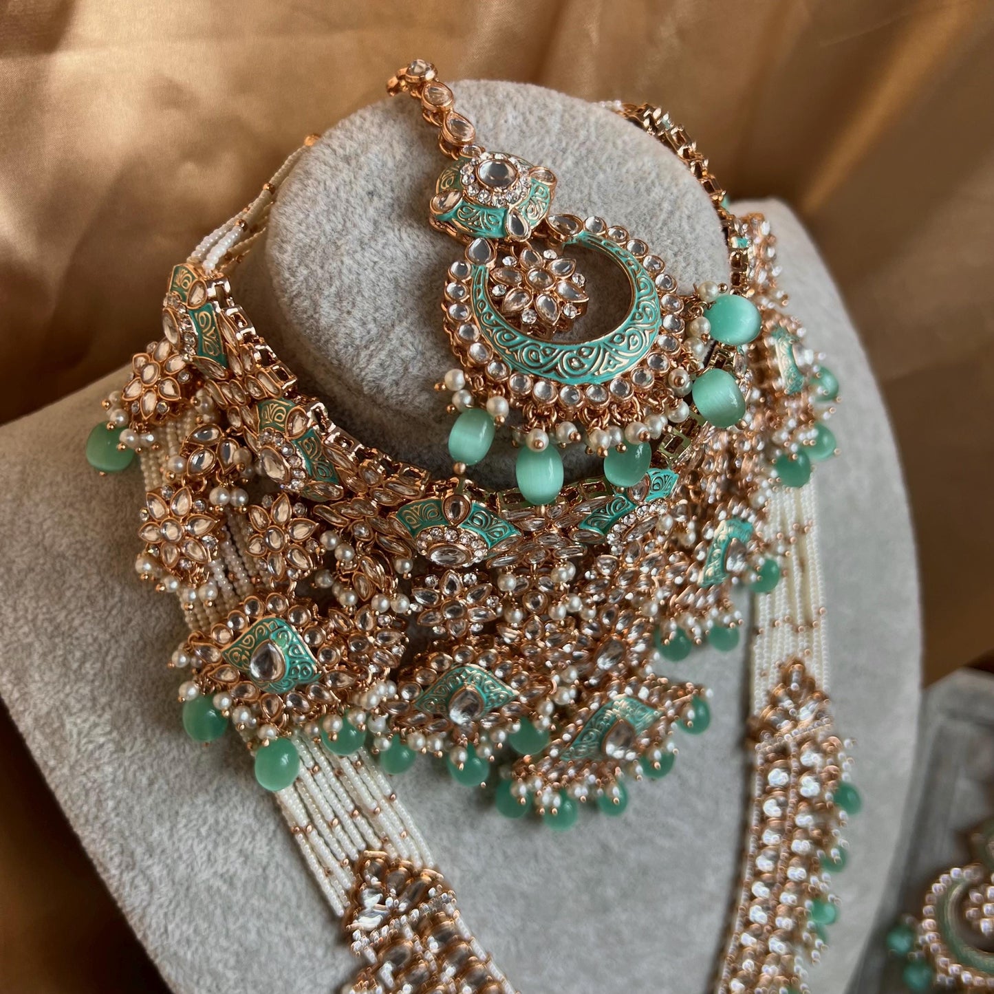 Mint Jade Faux Kundan Bridal Choker set Mala Jhumka Earring Tikka Jhumar Mathapatti Hand Harness Nose Ring Indian Pakistani Luxury Bridal!