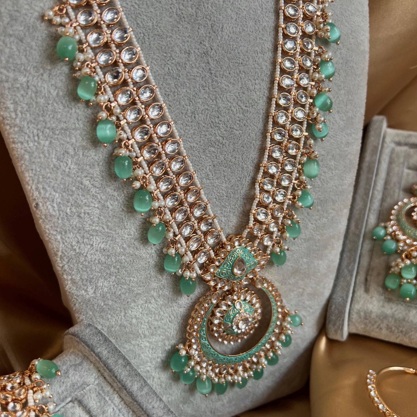 Mint Jade Faux Kundan Bridal Choker set Mala Jhumka Earring Tikka Jhumar Mathapatti Hand Harness Nose Ring Indian Pakistani Luxury Bridal!