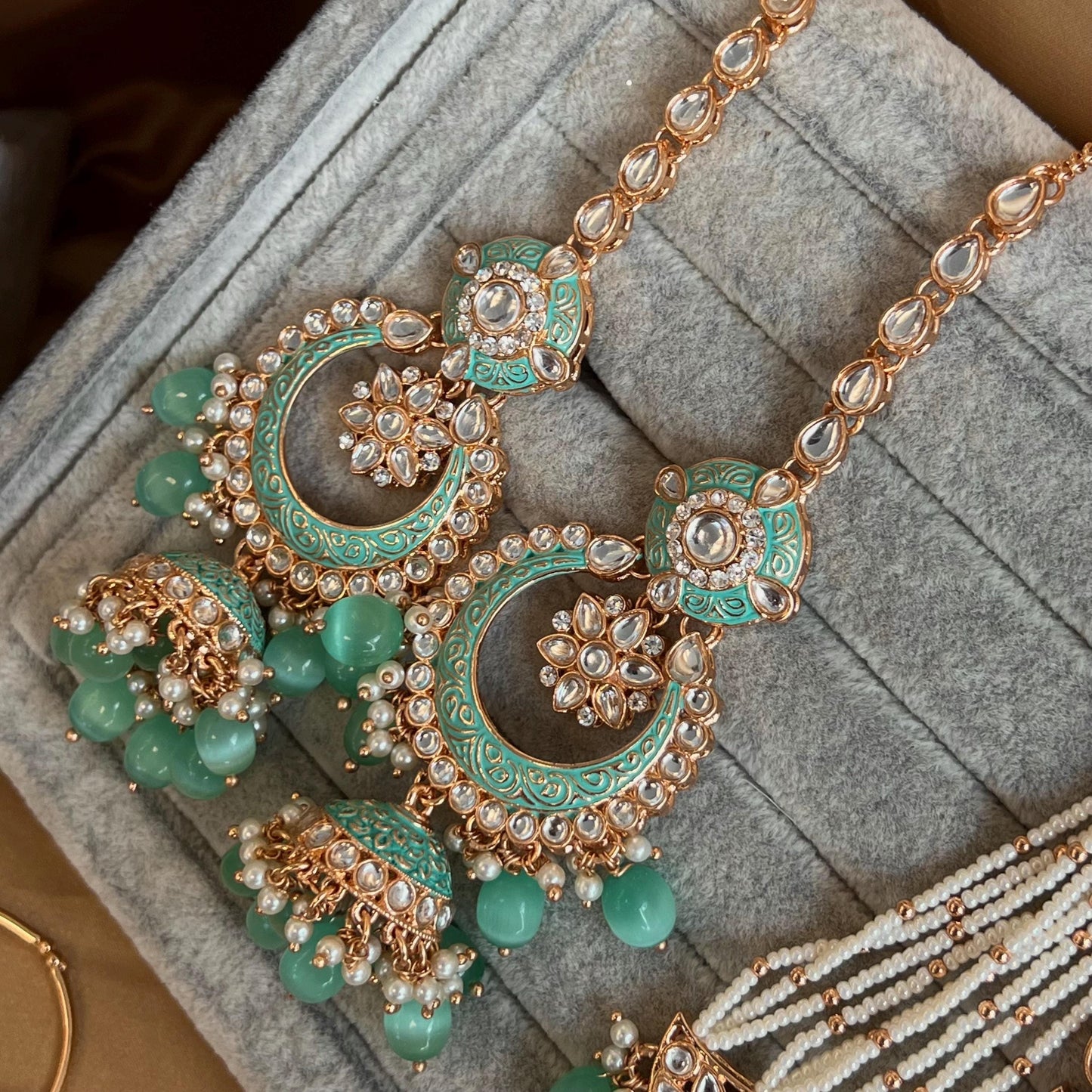 Mint Jade Faux Kundan Bridal Choker set Mala Jhumka Earring Tikka Jhumar Mathapatti Hand Harness Nose Ring Indian Pakistani Luxury Bridal!