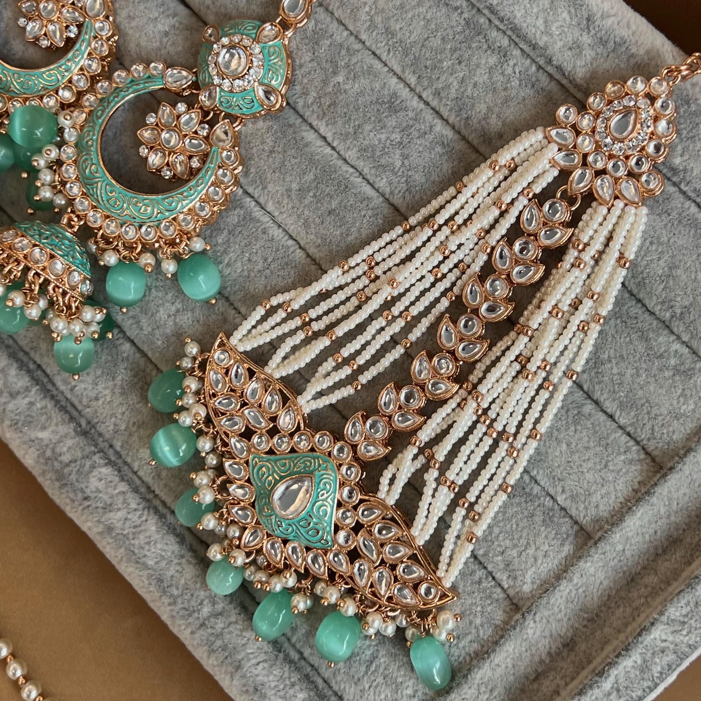 Mint Jade Faux Kundan Bridal Choker set Mala Jhumka Earring Tikka Jhumar Mathapatti Hand Harness Nose Ring Indian Pakistani Luxury Bridal!