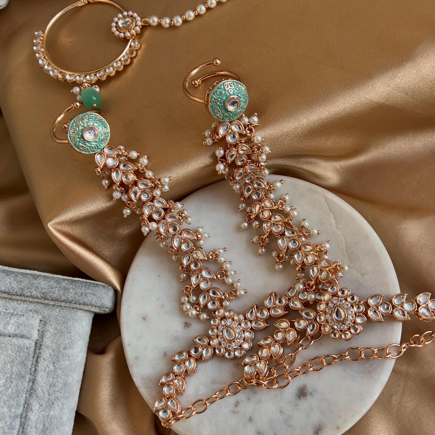 Mint Jade Faux Kundan Bridal Choker set Mala Jhumka Earring Tikka Jhumar Mathapatti Hand Harness Nose Ring Indian Pakistani Luxury Bridal!