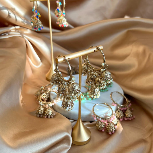 Hoop 3 Jhumka Detail Mix Colours Gold Lightweight High Quality Gift Eid Indian Pakistani Asain Fashion 1.5 Inch Small Wedding Party Mehndi