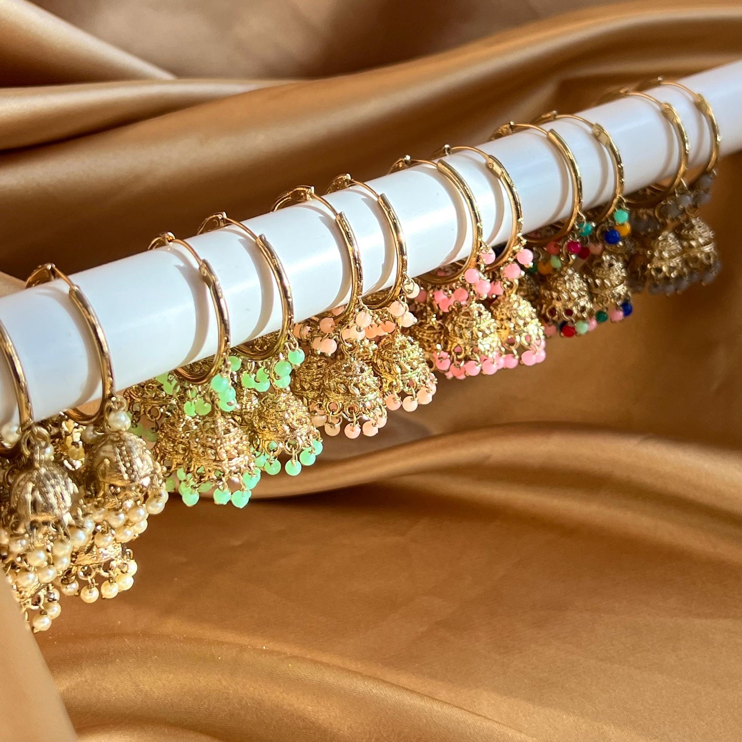 Hoop 3 Jhumka Detail Mix Colours Gold Lightweight High Quality Gift Eid Indian Pakistani Asain Fashion 1.5 Inch Small Wedding Party Mehndi