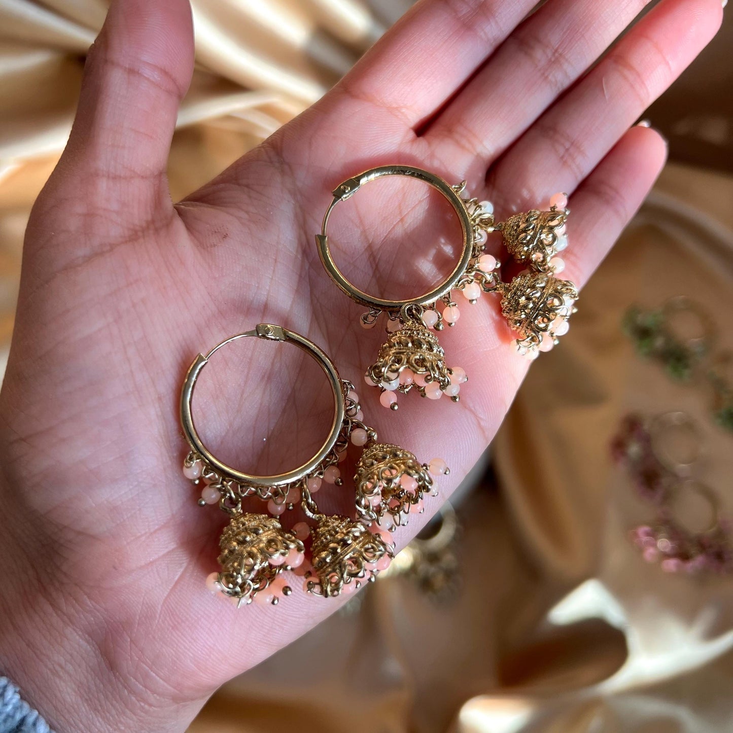 Hoop 3 Jhumka Detail Mix Colours Gold Lightweight High Quality Gift Eid Indian Pakistani Asain Fashion 1.5 Inch Small Wedding Party Mehndi