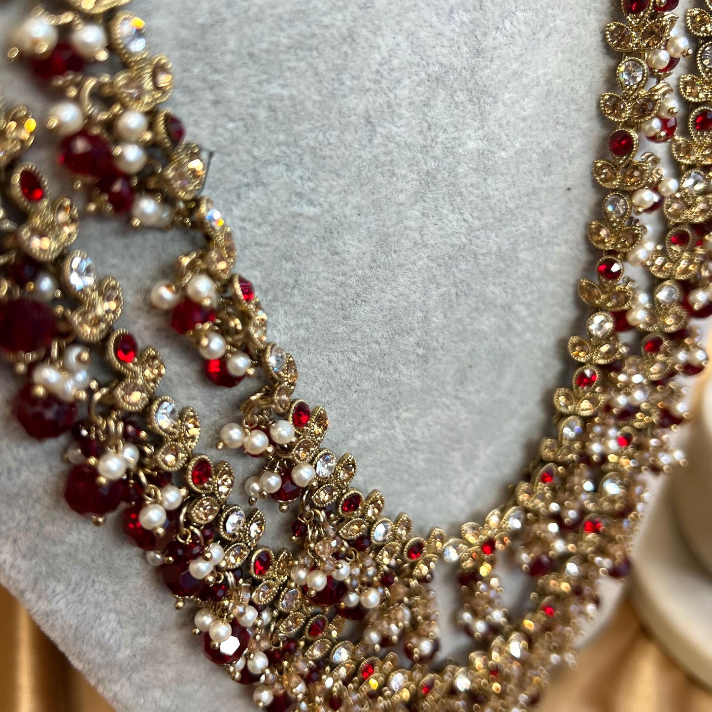 Maroon Long Necklace Mala Haar Heavy High Quality Golden Rhinestone Adjustable Indian Pakistani Bollywood Wedding Fashion Desi Jewellery