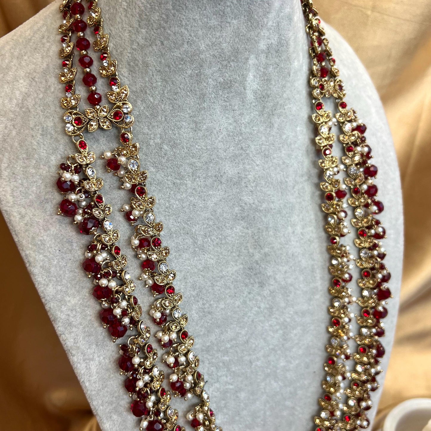 Maroon Long Necklace Mala Haar Heavy High Quality Golden Rhinestone Adjustable Indian Pakistani Bollywood Wedding Fashion Desi Jewellery