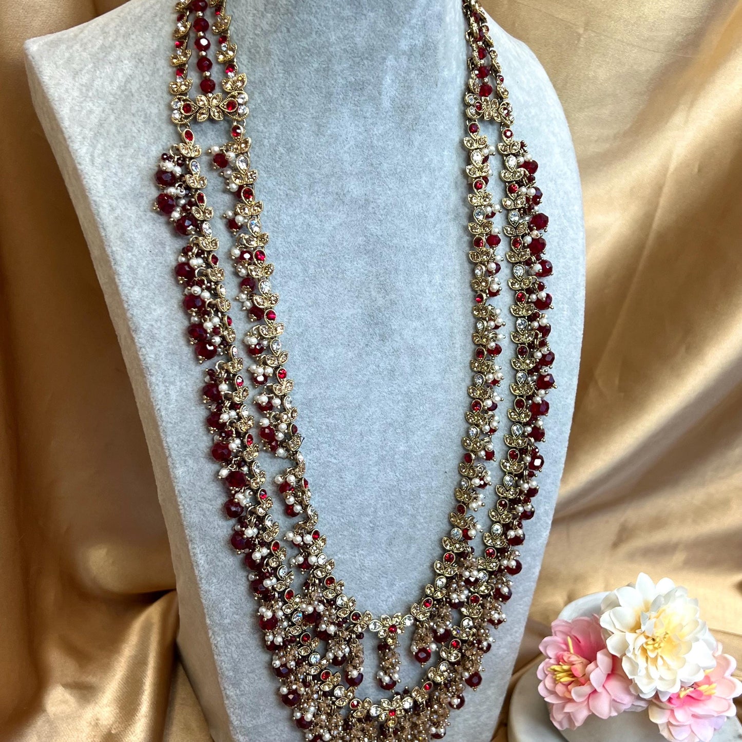 Maroon Long Necklace Mala Haar Heavy High Quality Golden Rhinestone Adjustable Indian Pakistani Bollywood Wedding Fashion Desi Jewellery