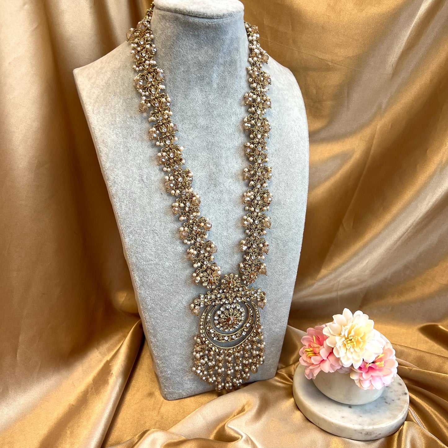 Gold Long Necklace Mala Haar Heavy High Quality Golden Rhinestone Adjustable Indian Pakistani Bollywood Wedding Fashion Desi Jewellery
