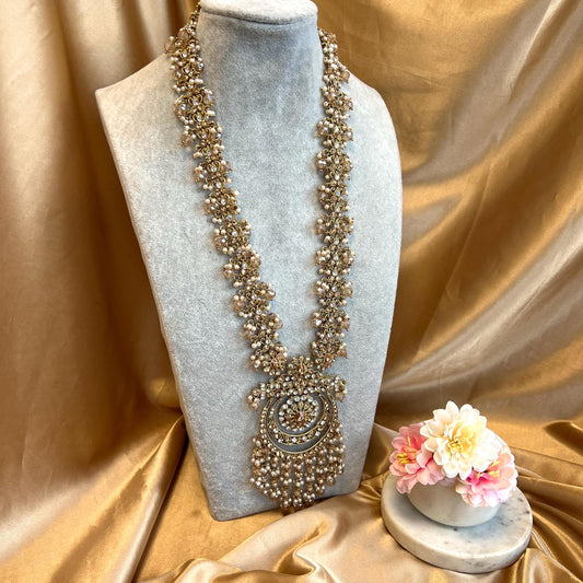 Gold Long Necklace Mala Haar Heavy High Quality Golden Rhinestone Adjustable Indian Pakistani Bollywood Wedding Fashion Desi Jewellery