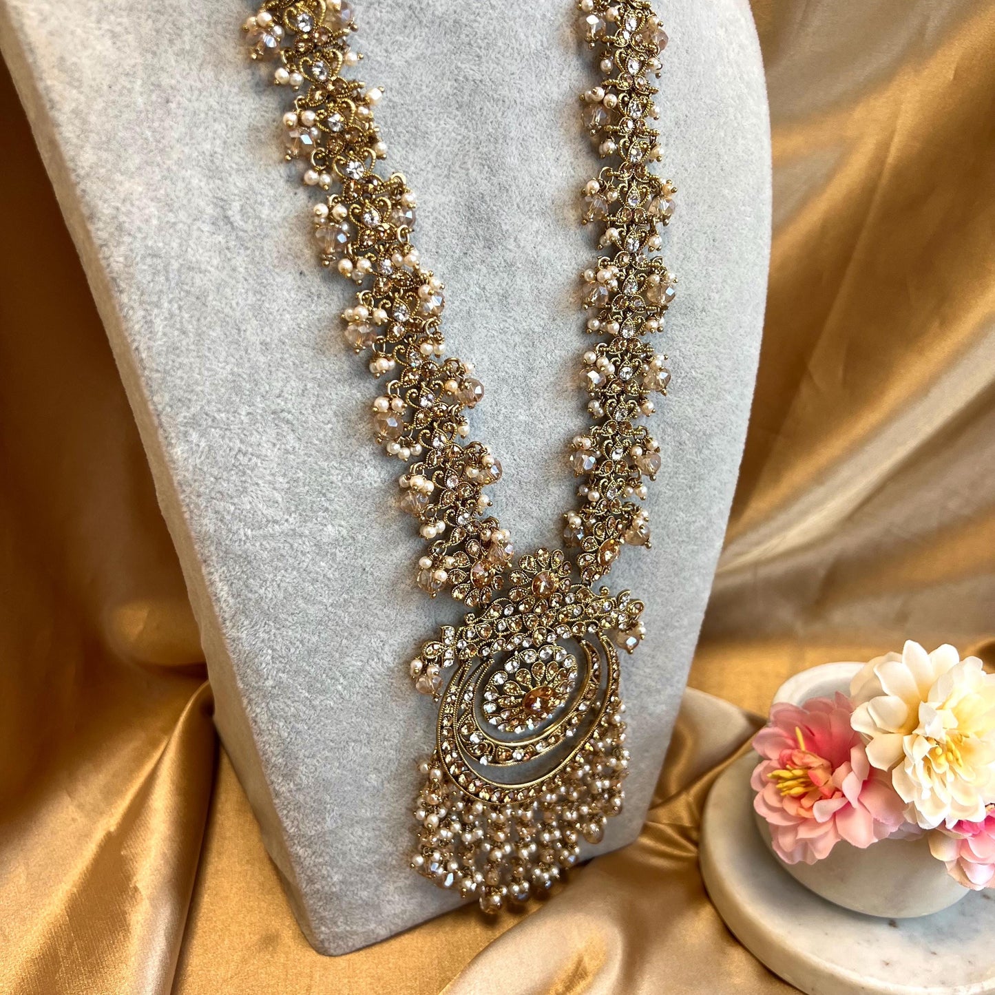 Gold Long Necklace Mala Haar Heavy High Quality Golden Rhinestone Adjustable Indian Pakistani Bollywood Wedding Fashion Desi Jewellery