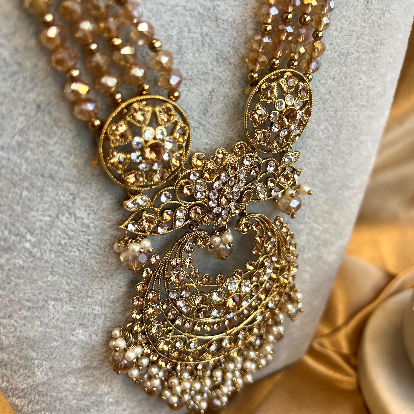 Champagne Long Necklace Mala Haar Heavy High Quality Golden Rhinestone Adjustable Indian Pakistani Bollywood Wedding Fashion Desi Jewellery